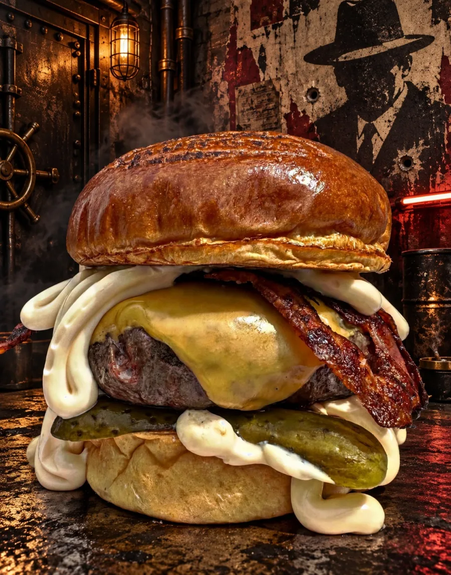 Burger con bacon, queso fundido, pepinillo y salsa