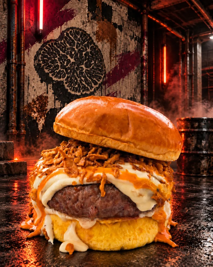 Burger con queso fundido y cebolla crujiente